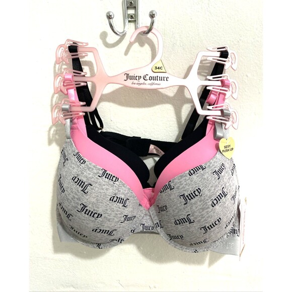 Juicy Couture Push Up Bra 34C 3 Pack Sleek & Smooth Underwire Grey Pink Black - Picture 1 of 11